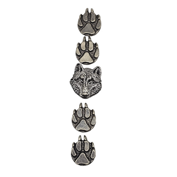 Vintage Button Covers Wolf Head Paw Set of 5 Silvertone Southwest Scouting Acces - Picture 3 of 5